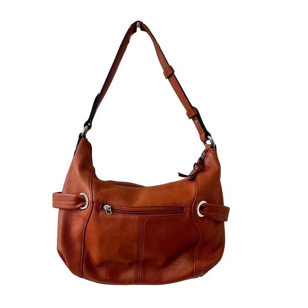 Tignanello Orange Pebbled Leather Hobo Shoulder Bag Purse Top Zip Silver Accents